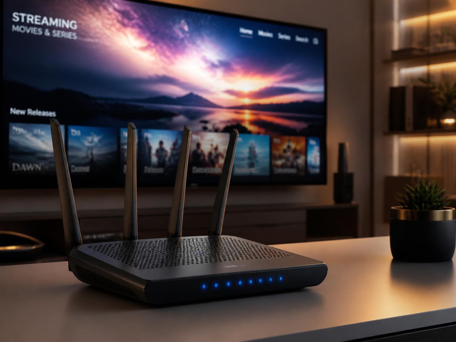 Highspeed Router mit smartem TV im Hintergrund